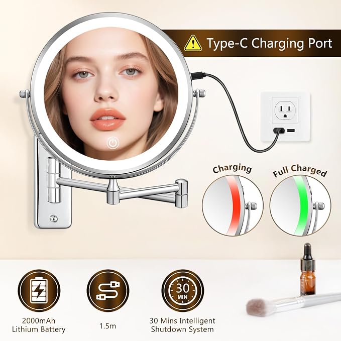 DECLUTTR Wall Mounted Lighted Makeup Mirror, Rechargeable 1X/15X Magnifying - Image 3