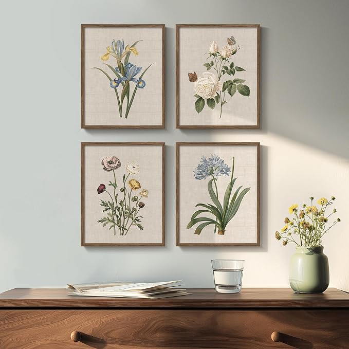 Framed Botanical Wall Art for Bathroom, 4 Piece Vintage Floral Canvas Painting - Image 3