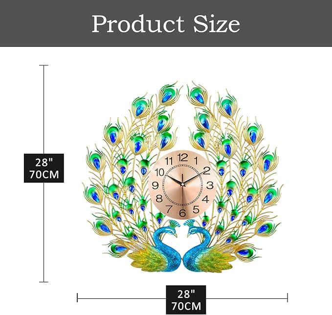 Large Peacock Wall Clock Silent Non-Ticking, 3D Creative Luxury Decorative Wall - Image 6