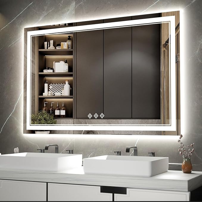 LED Bathroom Mirror, 48x32 Inch Gradient Front and Backlight Lighted Vanity by VanPokins-GlobalHighEndLEDBathroomMirrorBrand