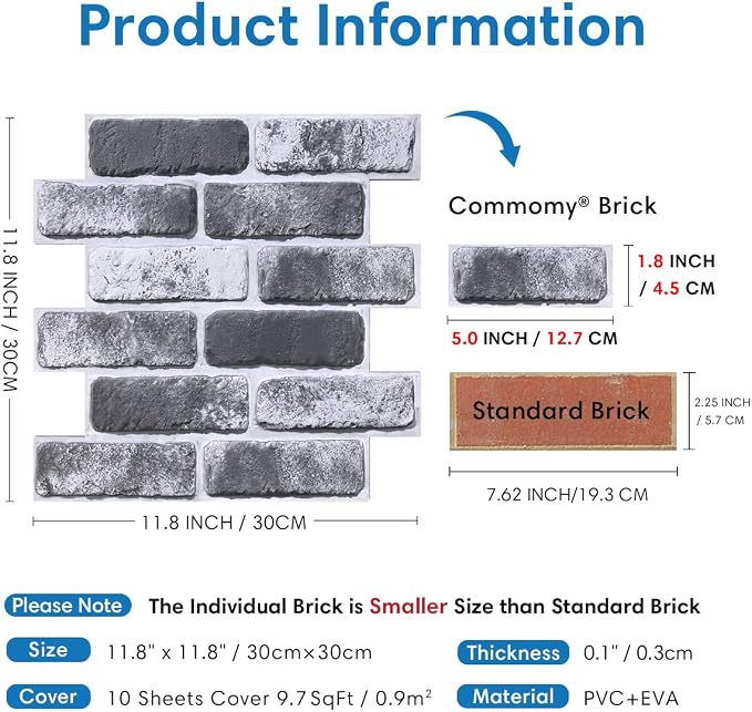 COMSTICKC 3D Gray Brick Wall Panels, Peel and Stick Brick Tiles, Small Size - Image 4