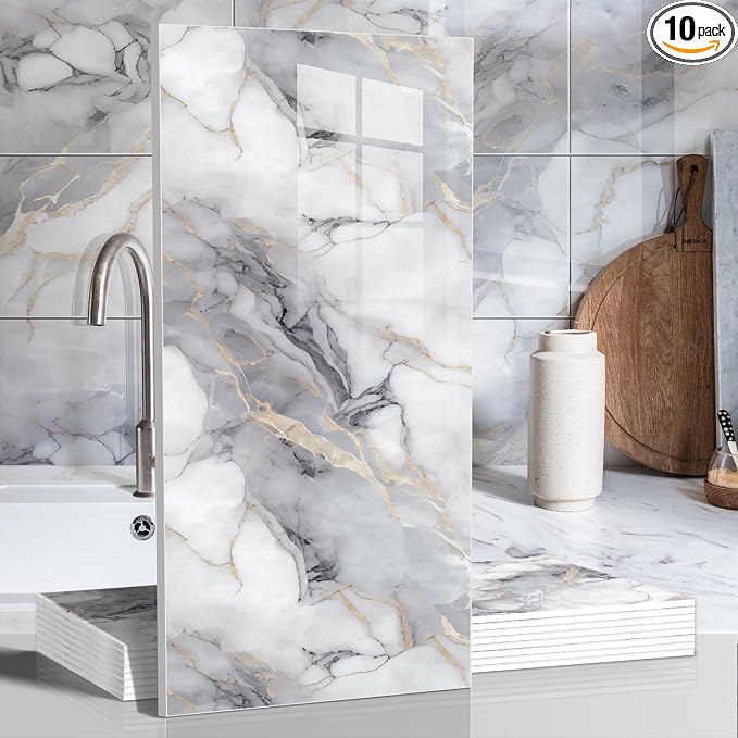 10pcs Marble Peel and Stick Waterproof Wall Panels, Heat-Resistant Backsplash by Chejiaye