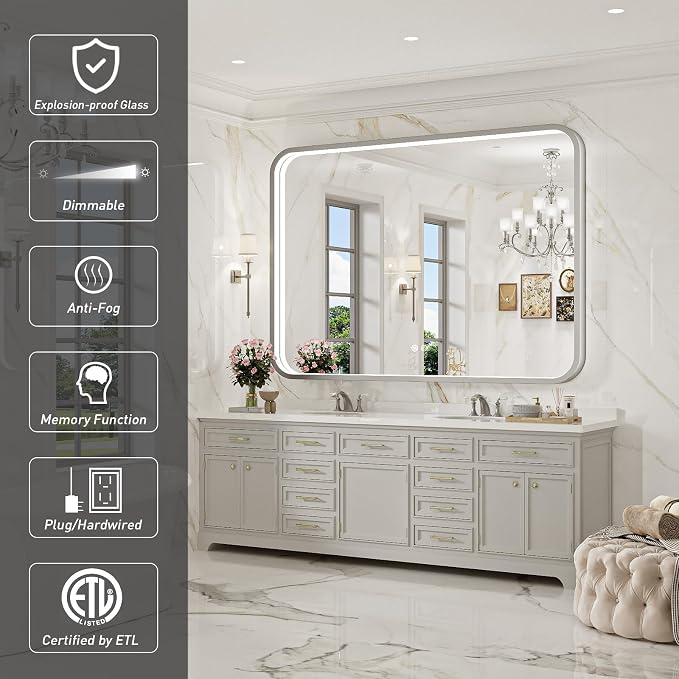 LED Bathroom Mirror with Lights, 43x36 Inch Brushed Silver Framed Lighted - Image 2