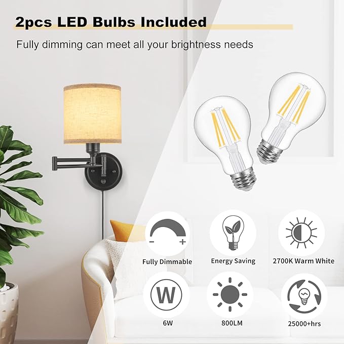 GOODATE ENCOMLI Dimmable Plug in Wall Sconces, Swing Arm Wall Lamp, Wall - Image 3