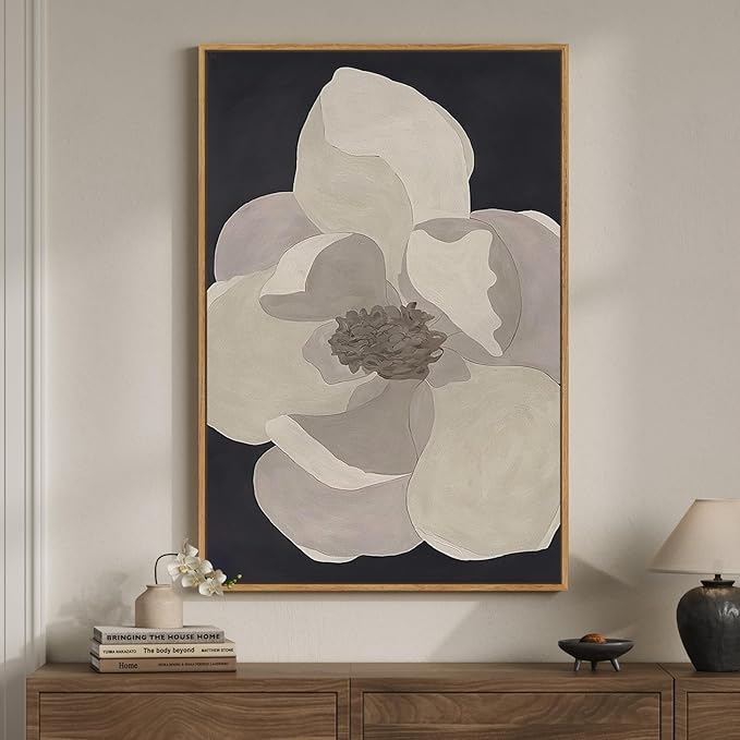 Framed Neutral Modern Floral Black and White Wall Art, Large Contemporary by Cuspin