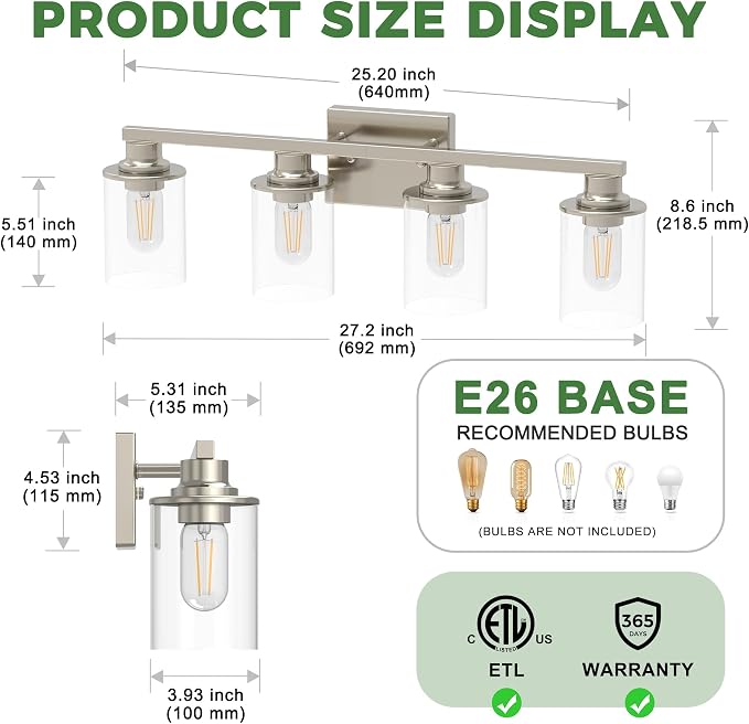 DORESshop 4-Light Vanity Light Fixtures, Nickel Bathroom Light Fixtures Over - Image 5