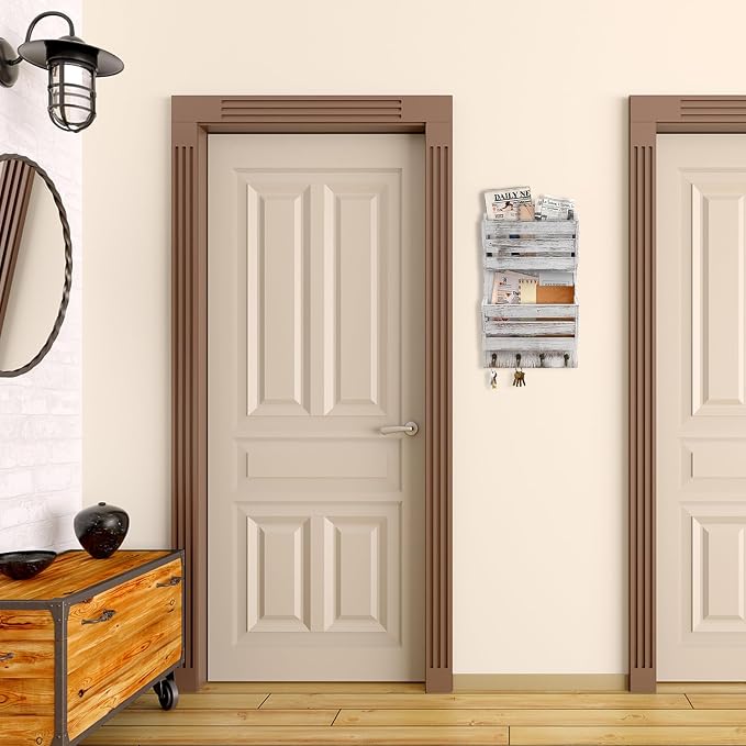 Mail Organizer Wall Mount with 4 Key Hooks, Rustic Wooden Hanging Mail Sorter - Image 6