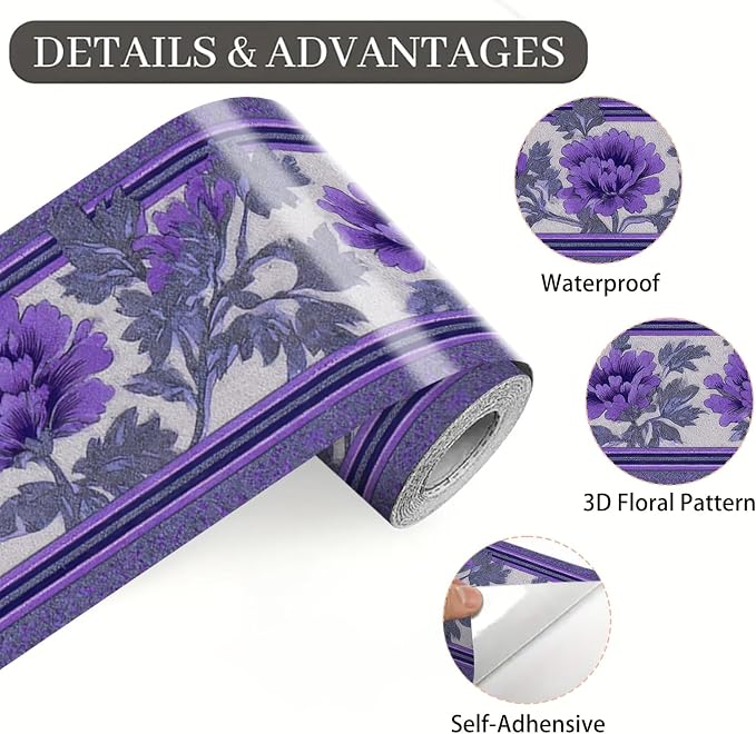Purple Floral Wallpaper Border 196x4 Inch Peel and Stick Wall Border Self - Image 9