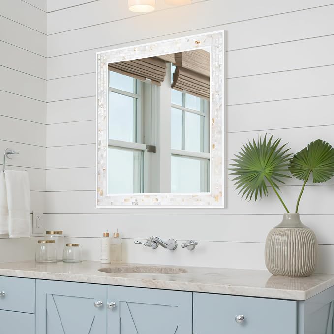 Tanmicoshomy 30 x 36 Inch White Bathroom Mirror, Natural Shell Framed Rectangle - Image 7