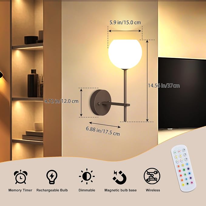 Brown Battery Operated Wall Sconces Set of 2, Rechargeable Wireless Wall Lights - Image 2