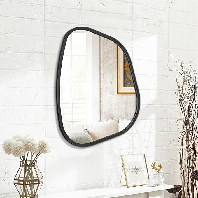 Black Asymmetrical Wall Mirror Large 20"x16" Irregular Oval Mirror Modern Wood - Image 2