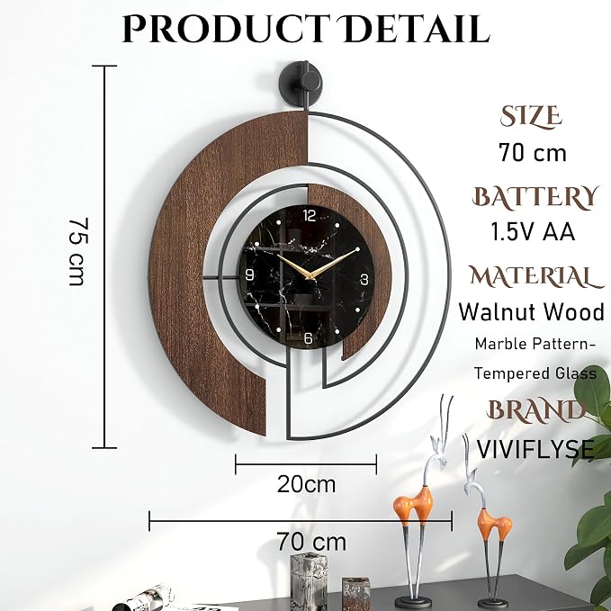 Modern Walnut Marble Dial Wall Clock, Large Wood Metal Frame Silent Non Ticking - Image 2