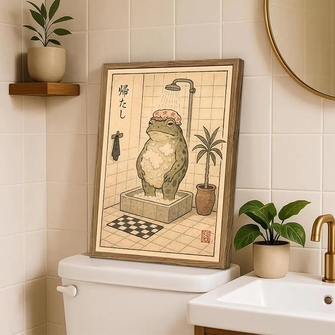 Funny Japanese Frog Bathroom Wall Art Whimsical Frog Shower Wall Decor 12x16 - Image 2