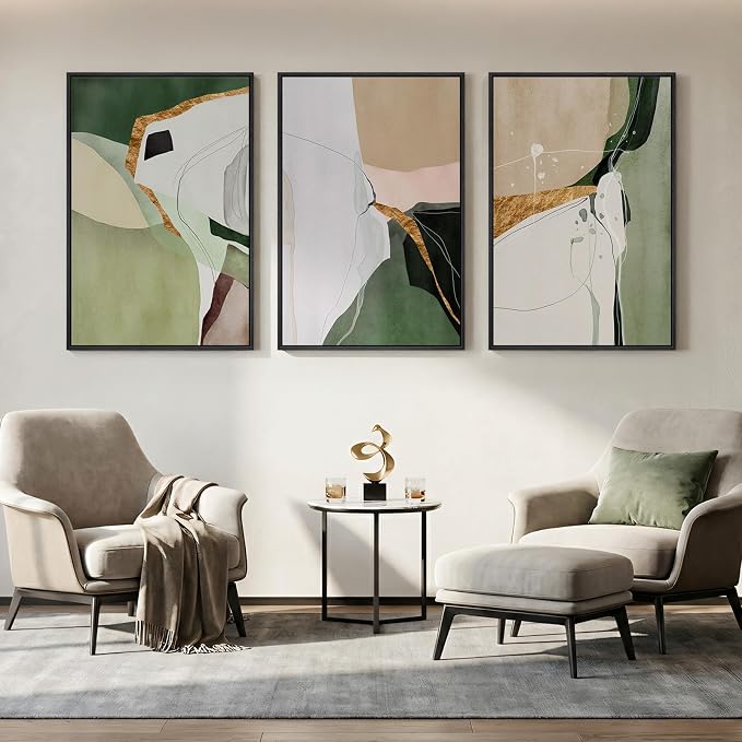Large Framed Green and Beige Abstract Wall Art - Image 2