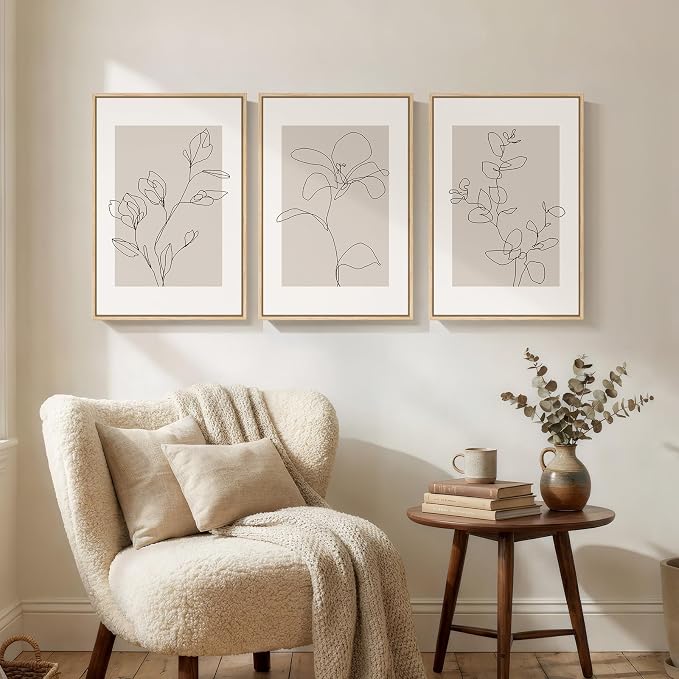 Framed Neutral Botanical Wall Art Set of 3, Minimalist Contemporary Floral Line - Image 4