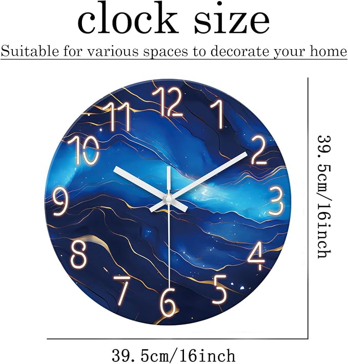 Glass Blue Wall Clocks Battery Operated 16 Inch Marble Pattern Big Clock - Image 3