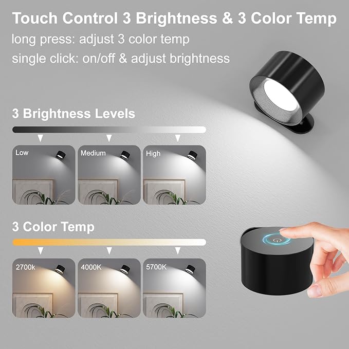 Koopala 2PCS Rechargeable Battery Operated LED Wall Lamps, Wall Mounted Lights - Image 2