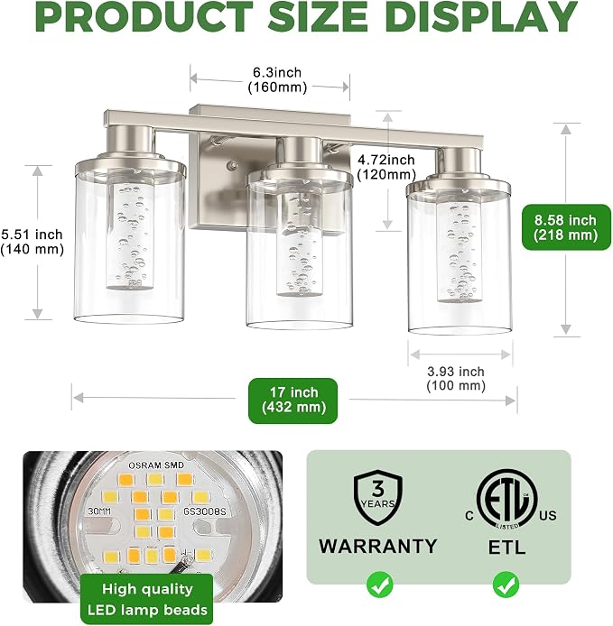 DORESshop 3-Light Brushed Nickel Bathroom Light Fixtures, Crystal LED Bathroom - Image 5