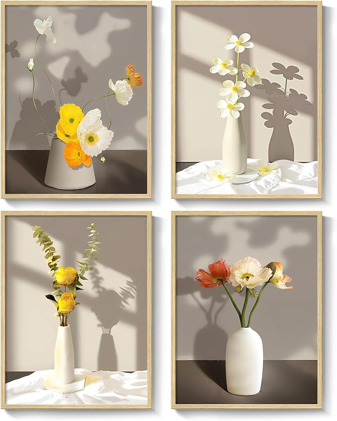 Framed Botanical Floral Wall Art, 4 Piece Yellow Flower Canvas Painting Prints by Cuspin
