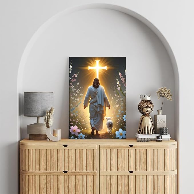 Jesus and Lamb Canvas Wall Art Christian Cross Jesus Walking Toward Light Wall - Image 4