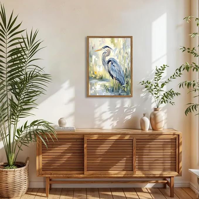 Framed Blue Heron Wall Art, Watercolor Sea Bird Pictures Wall Decor, Coastal - Image 3