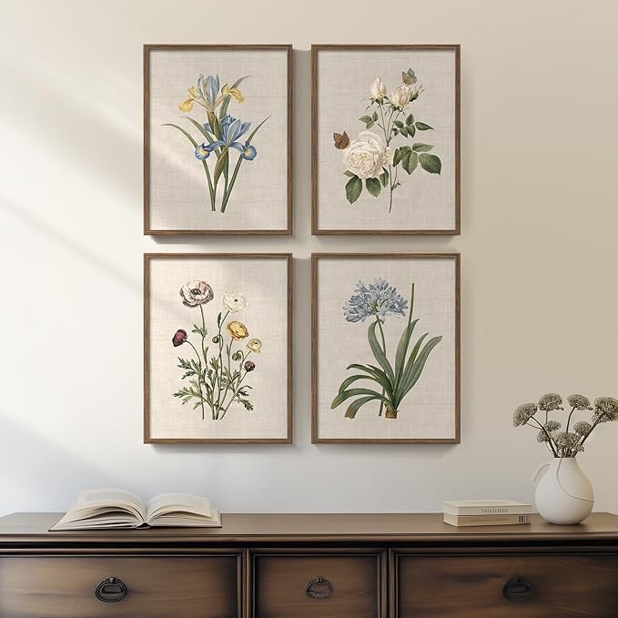 Framed Botanical Floral Wall Art, 4 Piece Vintage Flower Canvas Painting Prints by Cuspin