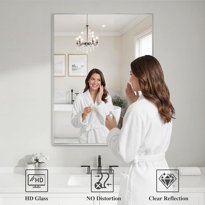 Koonmi Silver Rectangle Wall Mirror, 30x40 Inch Bathroom Mirror, Aluminum Frame - Image 3