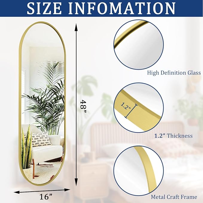 Large Oval Full Length Mirror, Pill Shaped Oblong Bathroom Wall-Mounted Mirrors - Image 7