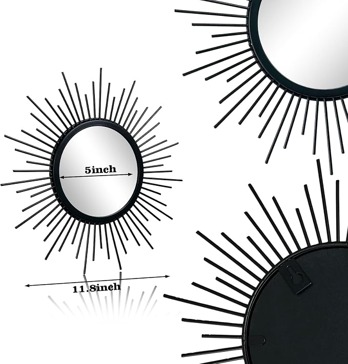 3 Set Black Sunburst Mirrors for Wall Decorative Metal Mirrors Small Mirror - Image 6
