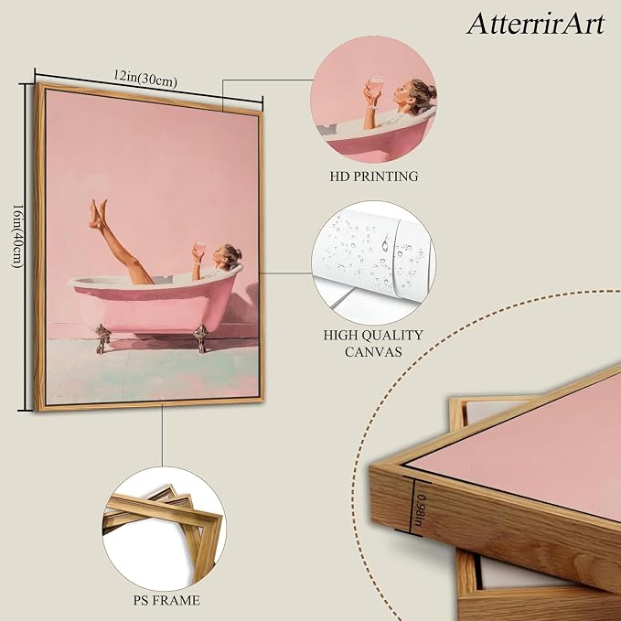 AtterrirArt Framed Pink Bathroom Wall Art, 12 * 16inch, Minimalist Bathtub - Image 4