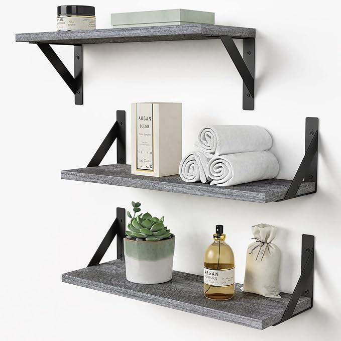 Forbena Grey Floating Shelves for Wall Decor Set of 3, Floating Book Shelves by Forbena