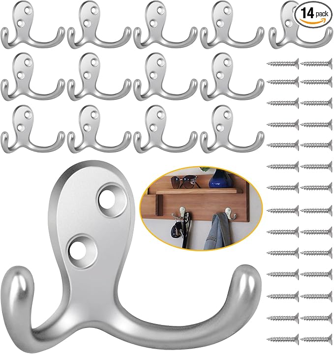 Homanu 14 Pack Coat Hooks, Heavy Duty Double Prong Coat Hooks Wall Mounted by Homanu