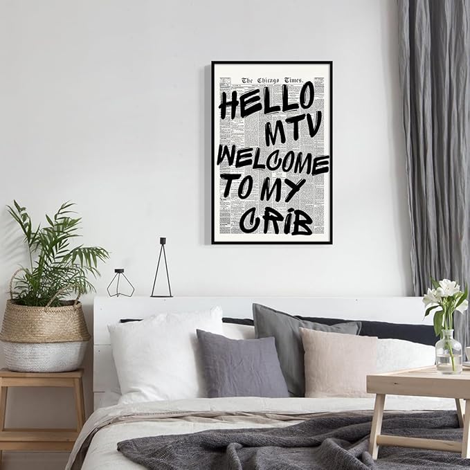 Hello MTV Welcome To My Crib Quote Poster, Vintage Black White Newspaper Canvas - Image 6