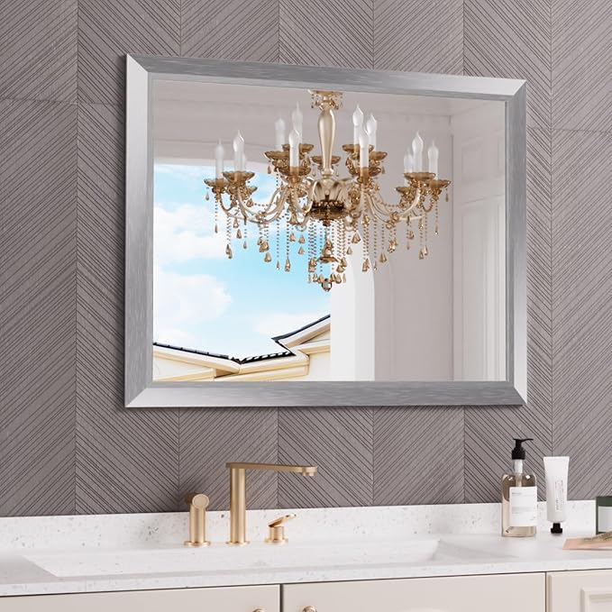 Amorho Bathroom Mirror Silver, 40x32 Inch Thick Metal Framed Wall Mirrors by Amorho