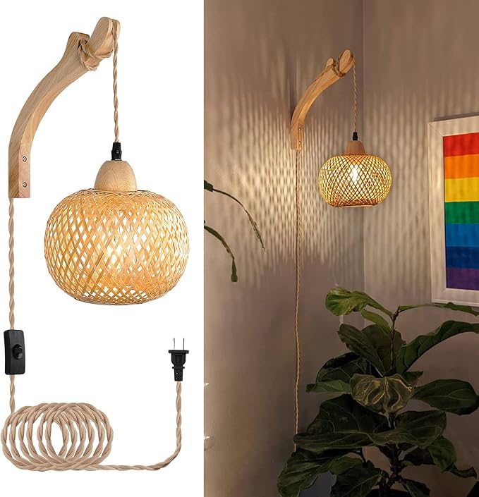 Frideko Bamboo Lantern Plug in Wall Sconces Wicker Wall Lamp by FRIDEKOHOME