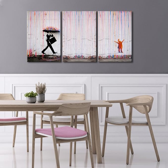 Wieco Art 3 Piece Banksy Famous Canvas Paintings Wall Art Raining day Modern - Image 4