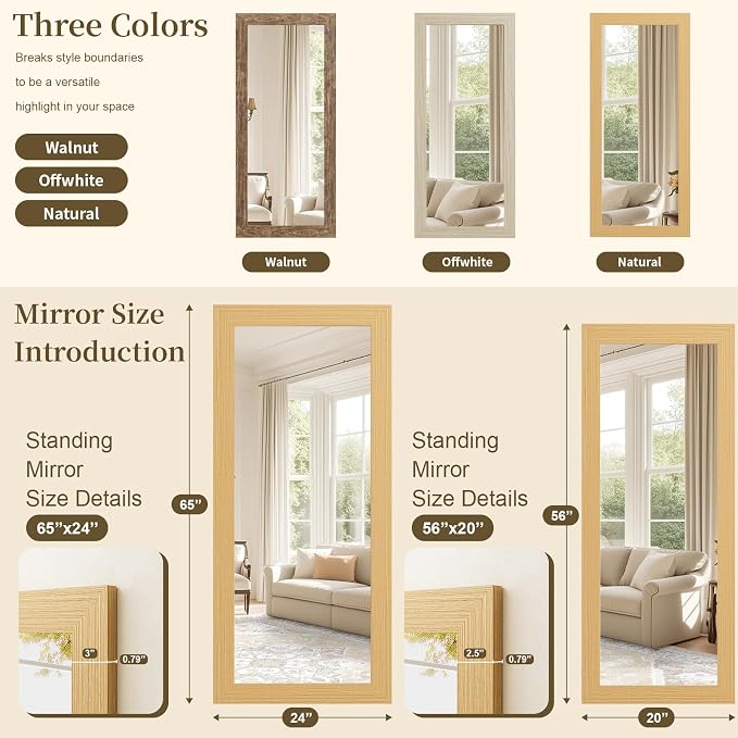 Syndra Modern Full Length Mirror Wood Frame, 65x24'' Large Floor Mirror - Image 5