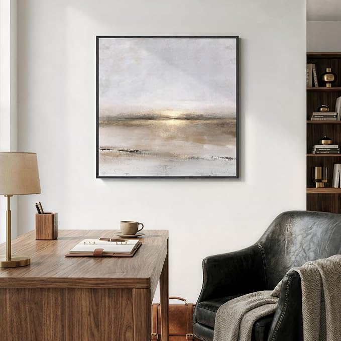 Framed Neutral Abstract Landscape Wall Art, Modern Gray Black Gold Canvas - Image 4