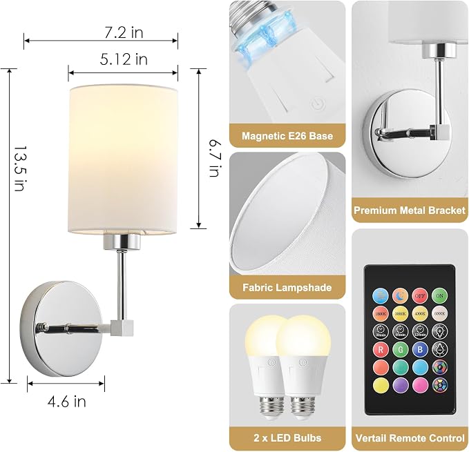 Battery Operated Wall Sconce Set of Two, Wireless Rechargeable Wall Light - Image 7