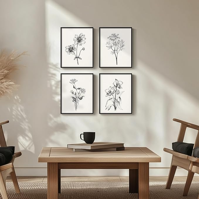 Framed Black and White Bathroom Wall Art, 4 Piece Vintage Floral Canvas Prints - Image 7