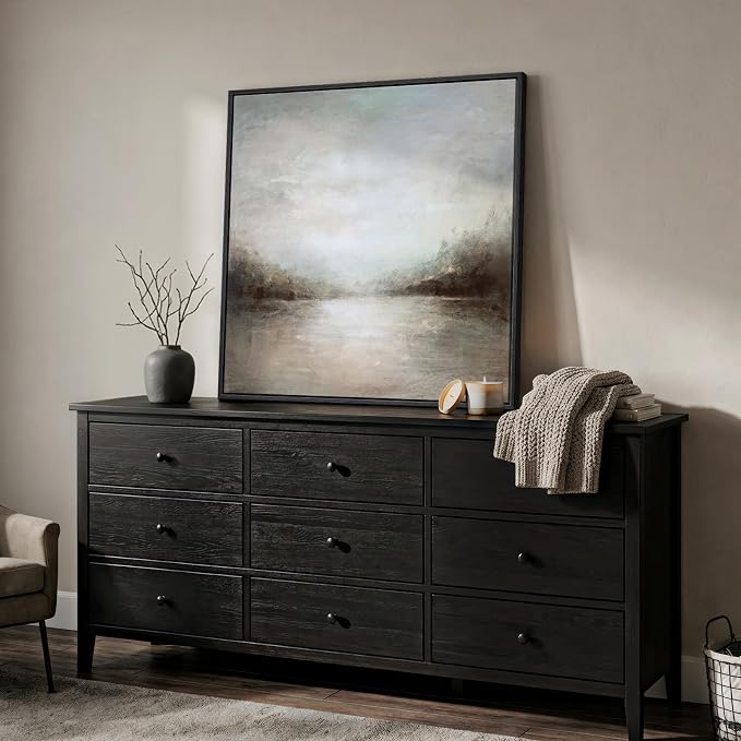 Framed Abstract Lake Landscape Wall Art, Modern Neutral Canvas Prints Artwork - Image 2