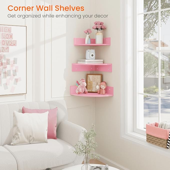 Homode Corner Shelf Wall Mount, 3 Tier Wood Corner Hanging Shelves, Living Room - Image 4