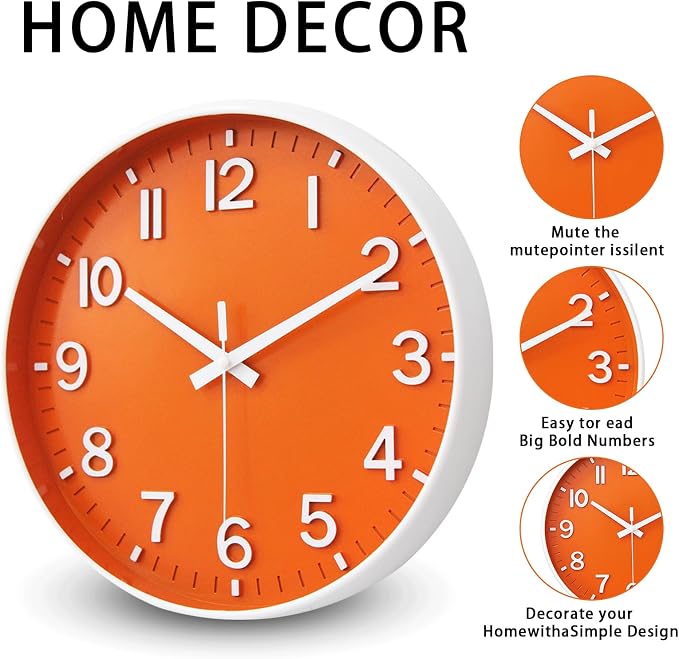 HZDHCLH Wall Clocks Battery Operated, Wall Clock Orange, 8 inch Wall Clock - Image 3