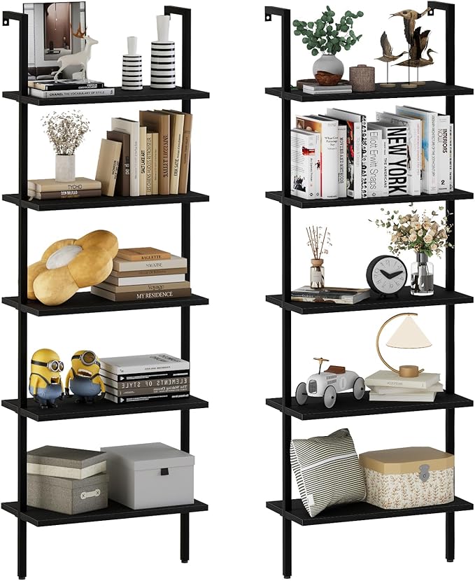 aboxoo Ladder Shelf 2PCS Open Bookshelf 5-Tier Wood Wall-Mounted Black Bookcase by aboxoo