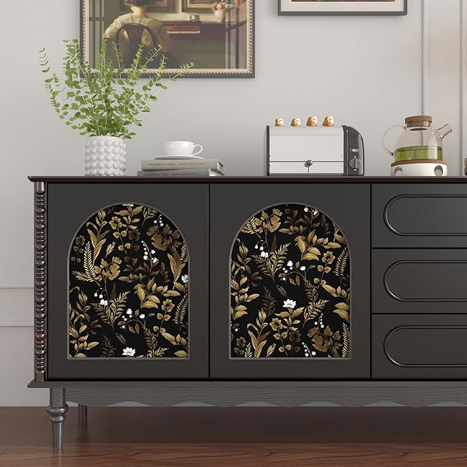 Dark Floral Peel and Stick Wallpaper, Vintage Leaf Pattern Black Gold Self - Image 3