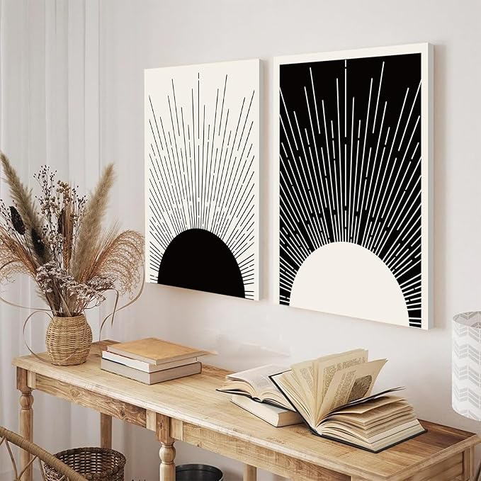 Hwetui Framed Boho Sun Wall Art Set of 2 Black and White Minimalist Sunrise - Image 9