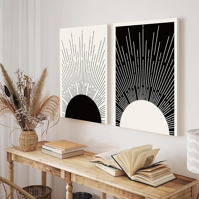 Hwetui Framed Boho Sun Wall Art Set of 2 Black and White Minimalist Sunrise - Image 9