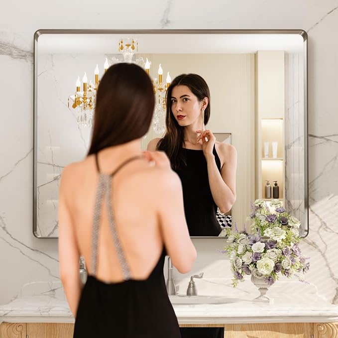 LOAAO 48X36 Inch Brushed Nickel Bathroom Mirror, Rounded Rectangle Silver Metal - Image 2