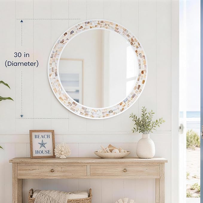 Tanmicoshomy Round Wall Mirror 30 Inch, Natural Brown Shell Framed Circle - Image 7