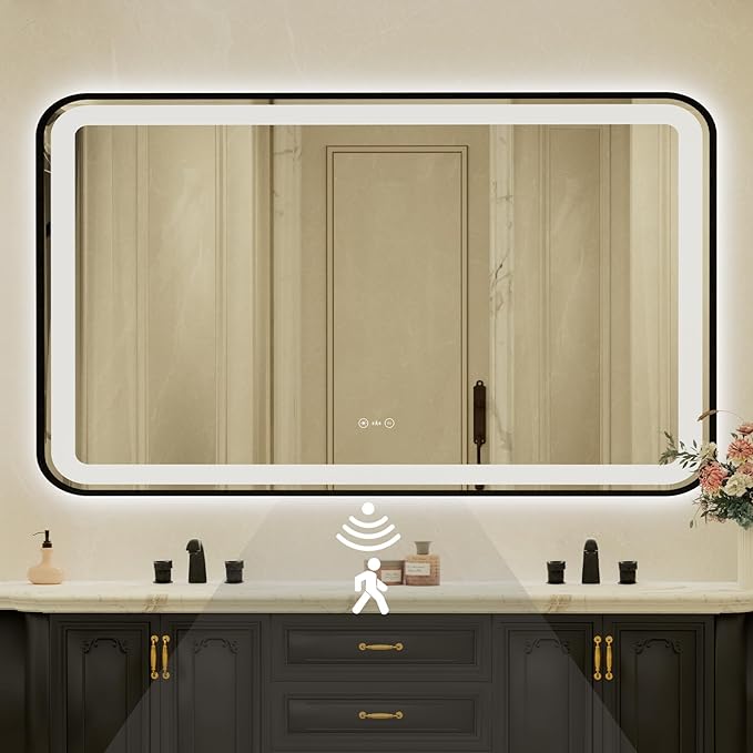 32x55 Inch Black Framed LED Bathroom Mirror by Unknown